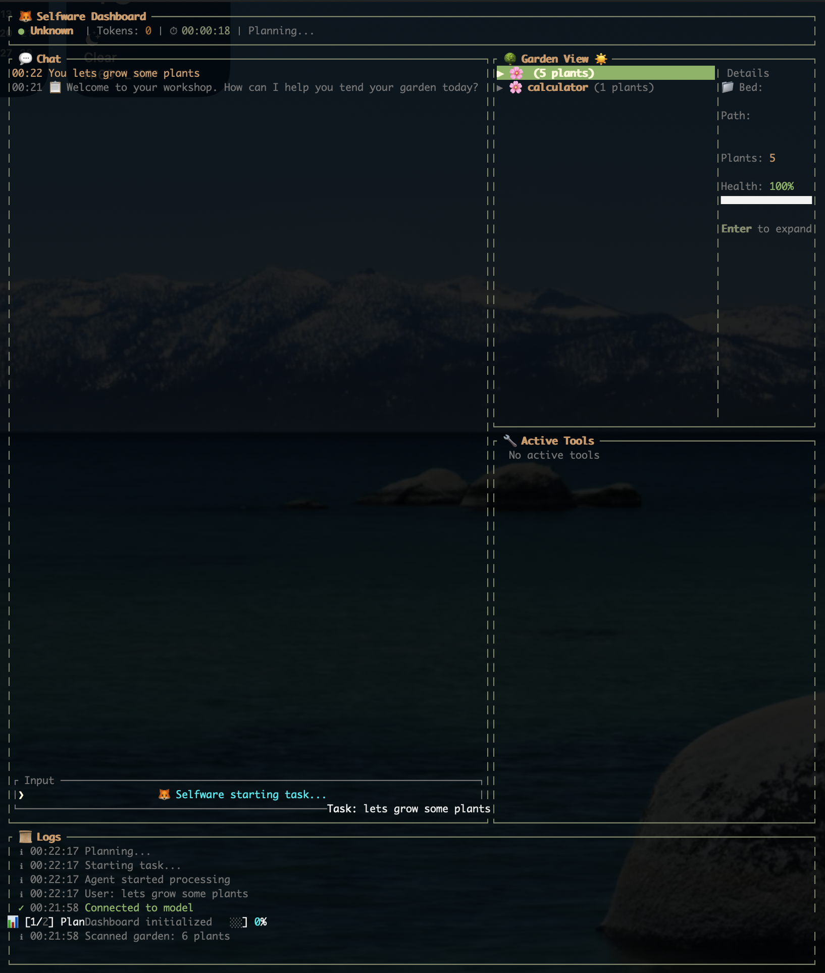 Selfware dashboard TUI showing chat, garden view, active tools, and logs panels