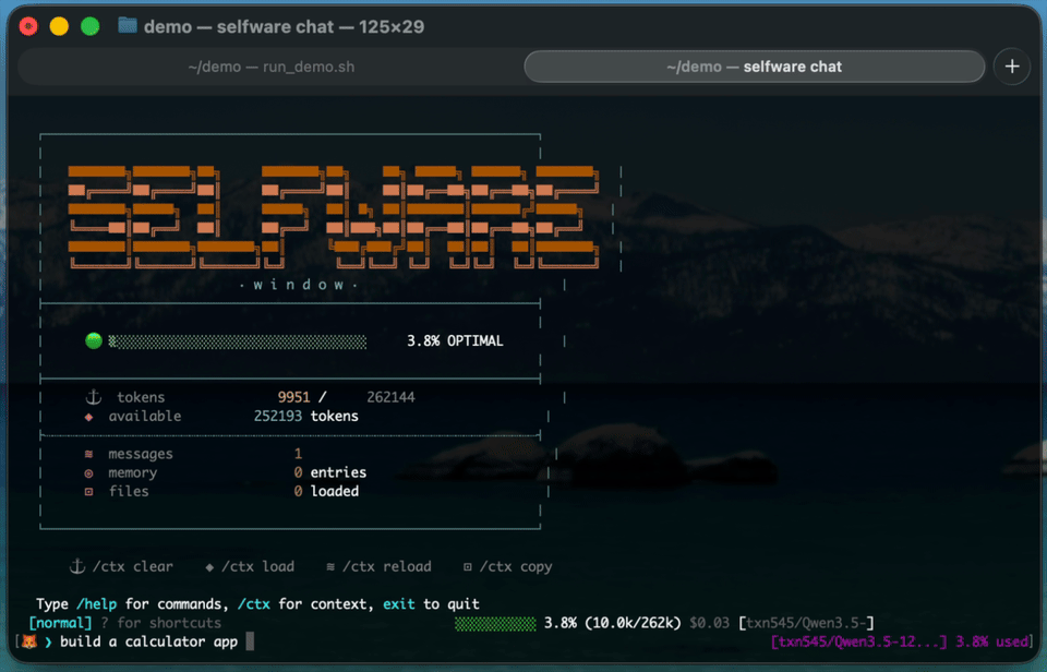 Selfware chat interface showing ASCII banner, token stats, and command prompt